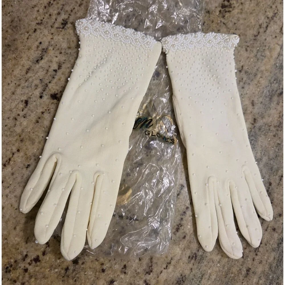 New! Vintage Women's One Size Stretch Nylon Yellow Formal Gloves Beaded Pearly